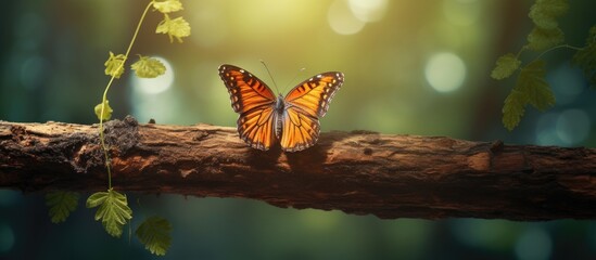 A detailed close up of a butterfly resting on a tree branch surrounded by lush green leaves,...