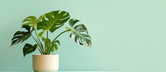 Variegated monstera deliciosa, a rare unicorn houseplant, showcased in a white pot on a vibrant blue table, creating a striking visual contrast