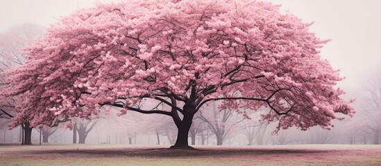 Pink cherry blossoms covering the branches of a tree in a lush green field on a cloudy day in the park