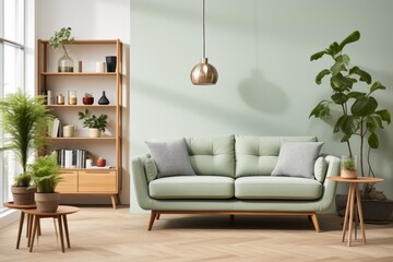 A living room with a green sofa, plants, and a bookshelf
