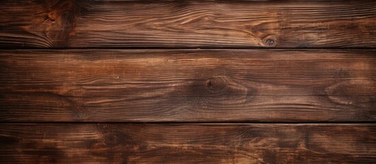 Detailed view of a wooden wall with a brown stain covering the surface, creating a textured background - obrazy, fototapety, plakaty