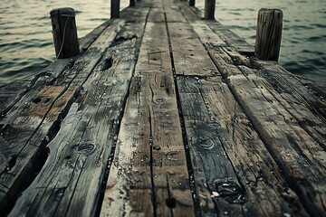 : A sun-bleached, wooden pier, with rough, splintered boards