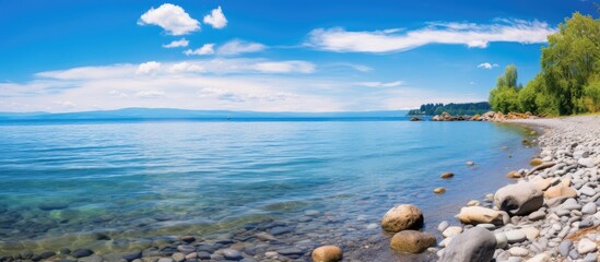 Scenic view of a rocky Puget Sound beach with small rocks, a calm sea, gentle waves, a distant island, and a serene blue sky with clouds.