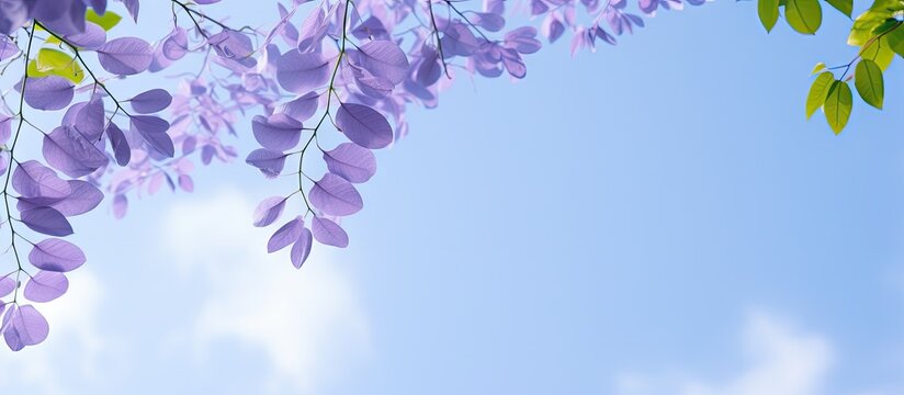 Cluster of violet blooms resting on a branch contrasted with the azure sky background, creating a serene natural scene