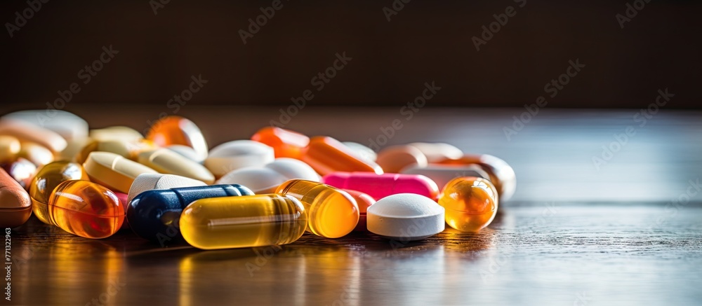 Poster Assorted medications and nutrients in the form of pills, capsules, and tablets placed neatly on a flat surface for easy access