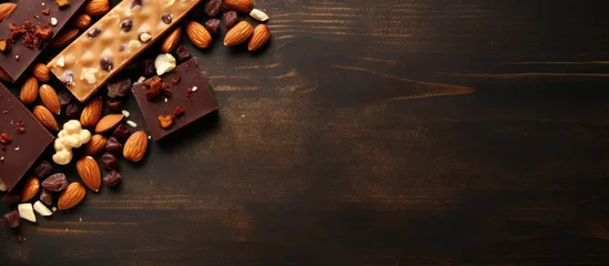 Zelfklevend Fotobehang Delicious chocolate bars filled with mixed nuts and sweet raisins placed on a rustic wooden table © vxnaghiyev