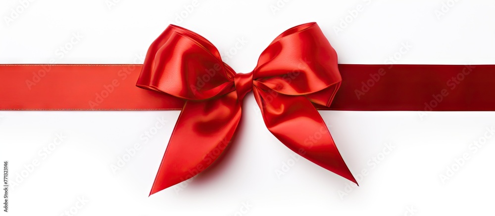 Poster a detailed close-up view of a vibrant red ribbon featuring a neatly tied bow on top
