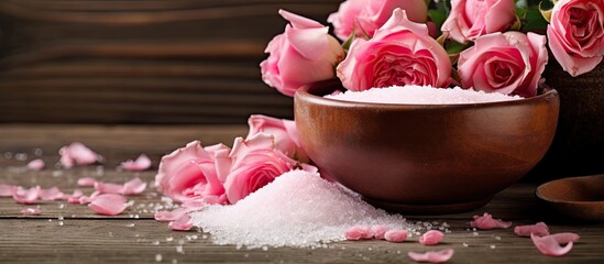 Arrangement of beautiful roses placed in a ceramic bowl next to a bowl filled with salt crystals on a rustic wooden table