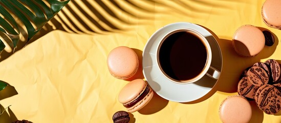 A cup of freshly brewed coffee paired with delicious macarons resting on a bright yellow tabletop, casting a tropical palm shadow overhead in a summer-themed setting