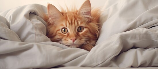 A curious cat of red Maine Coon breed is tucked under a cozy blanket on a comfortable bed - obrazy, fototapety, plakaty