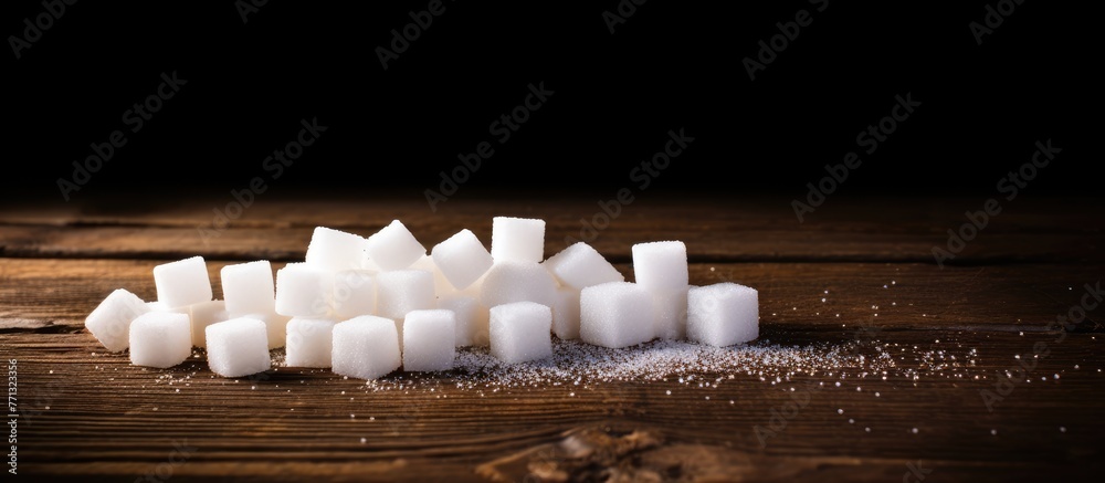 Poster several sugar cubes are spread out haphazardly on a rustic wooden table surface
