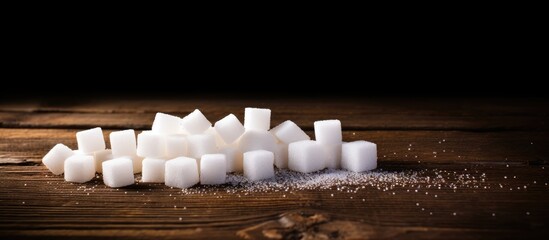 Several sugar cubes are spread out haphazardly on a rustic wooden table surface - Powered by Adobe