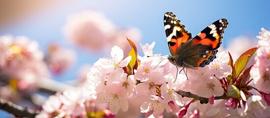 Obraz premium A colorful butterfly calmly rests on a vibrant flower in a garden filled with sunlit cherry blossoms, attracting a delicate red admiral butterfly.