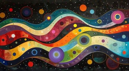 Vibrant abstract painting with wavy lines and dots. A captivating array of wavy lines and dots in various sizes and colors create a dynamic and vibrant abstract artwork with a cosmic feel