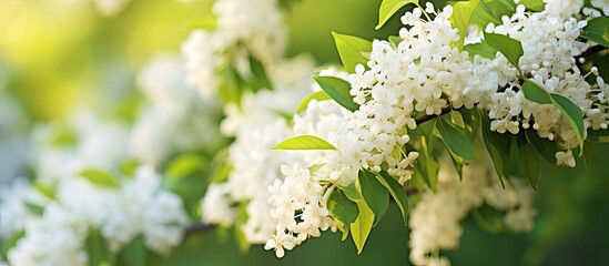Close up view of a tree branch adorned with delicate white flowers, possibly belonging to a privet bush, known for its fragrant blooms - obrazy, fototapety, plakaty