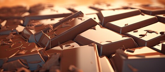 Close-up view of roughly cut chocolate bar pieces stacked on a flat surface