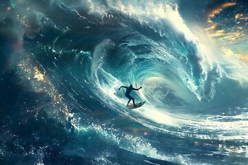 : A surfer riding a giant wave, with the water curling and crashing around him