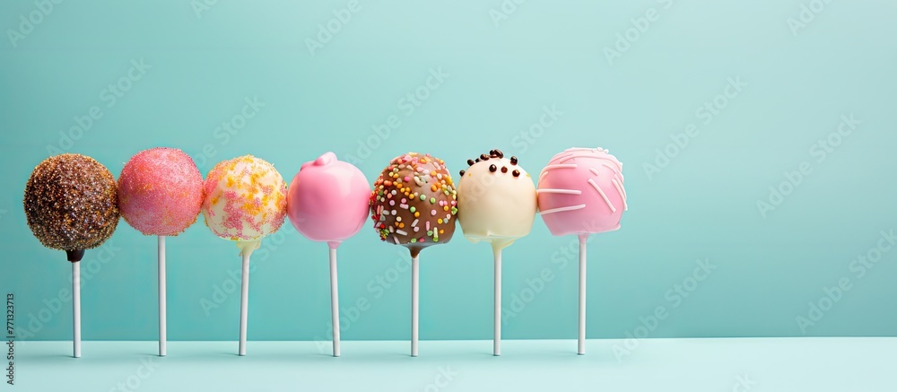 Poster a close-up view of a diverse selection of delicious cake pops with a range of different toppings, id