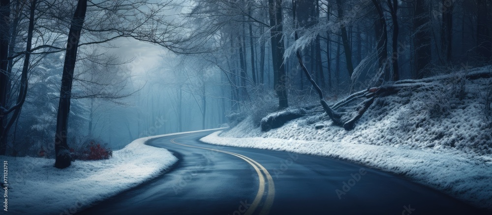 Poster a curving road winds its way through a tranquil winter forest blanketed in snow, with tall trees lin