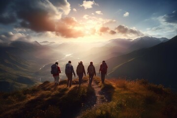 Group of friends hiking up a scenic mountain trail - obrazy, fototapety, plakaty
