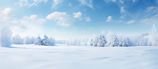 A serene winter scene with snow-covered trees under a clear blue sky with fluffy white clouds
