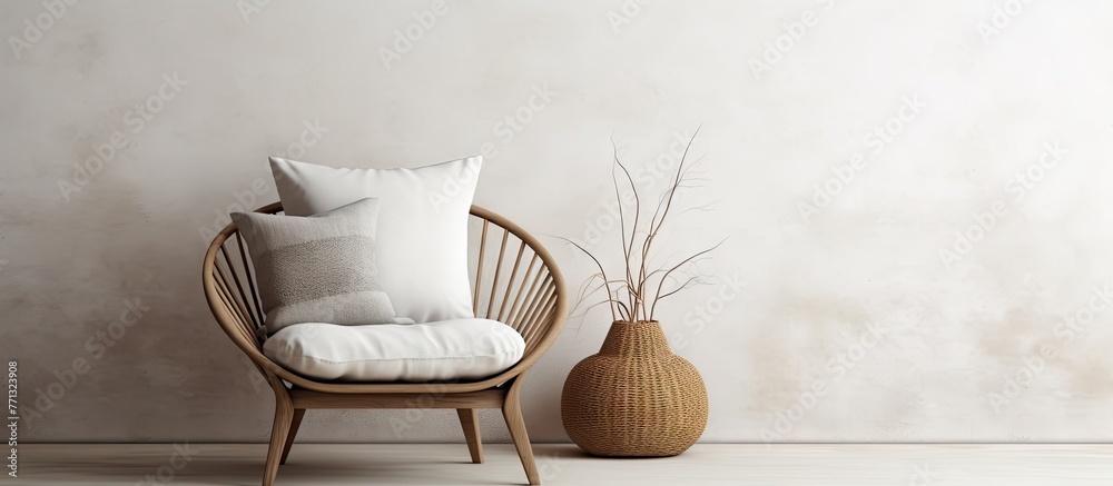 Poster a close up of a weave armchair in a room with a white soft pillow and a vase containing a plant, cre