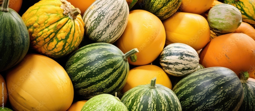Poster a close-up view of a variety of different types of squash, including pumpkins and zucchinis, piled t