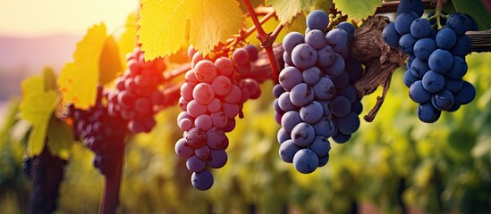 Clusters of ripe grapes hanging from green vines in a tranquil vineyard setting early in the morning - obrazy, fototapety, plakaty