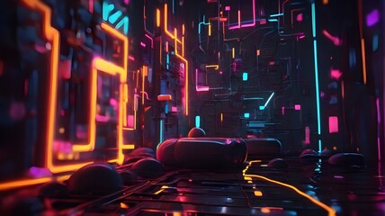 A Detailed and Intricate Circuit Board Illuminated by Multicolored Glowing Lights in a Futuristic and Technological Style. Generated AI