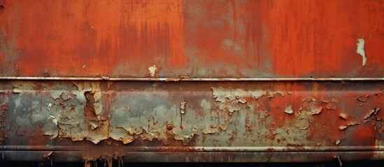 Corrosion of the body of an old red car due to winter weather and exposure to reagents, leading to damage on the left side threshold - obrazy, fototapety, plakaty