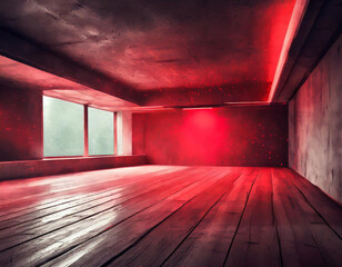 A room with wooden, concrete, and glass elements appears empty except for a vivid red light emanating from the ceiling, casting a striking glow on the space.