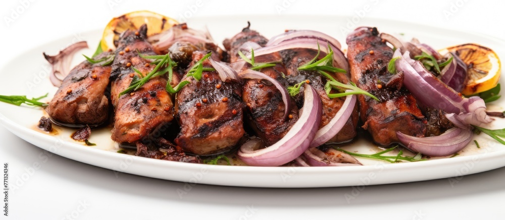 Aufkleber Close-up view of a plate filled with meat slices, chopped onions, and fresh lemon slices, creating a delicious and appetizing display