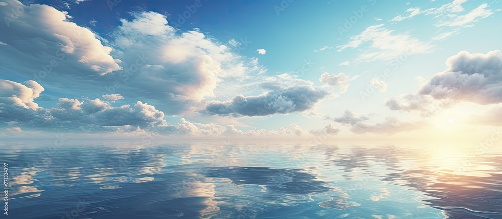 Aufkleber the serene view of the ocean shows the sun and clouds mirrored in the peaceful water surface