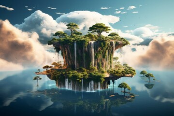 Abstract floating island with levitating trees - obrazy, fototapety, plakaty