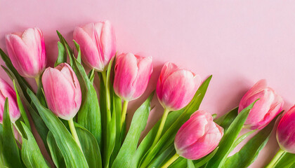 Obraz premium Beautiful pink tulips on pastel pink background. Concept with text space for copy