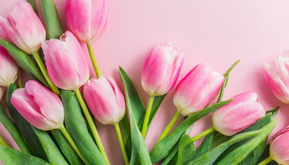 Beautiful pink tulips on pastel pink background. Concept with text space for copy