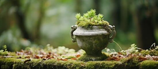 Weathered Old Stone Urn Covered in Moss with a Succulent in a Country Cottage Garden in Rural Devon England UK
