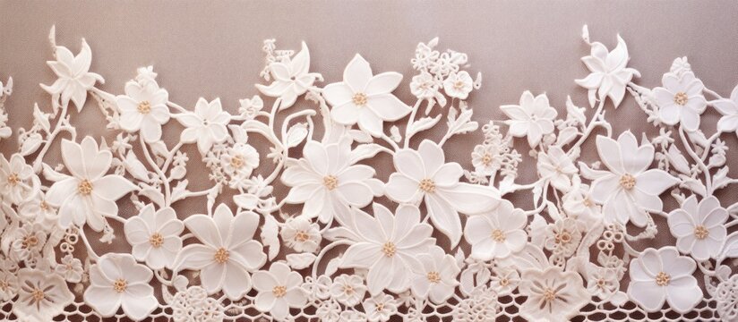 Detailed close-up of a white lace fabric with intricate floral designs, perfect for adding elegance to clothing or decor - Powered by Adobe