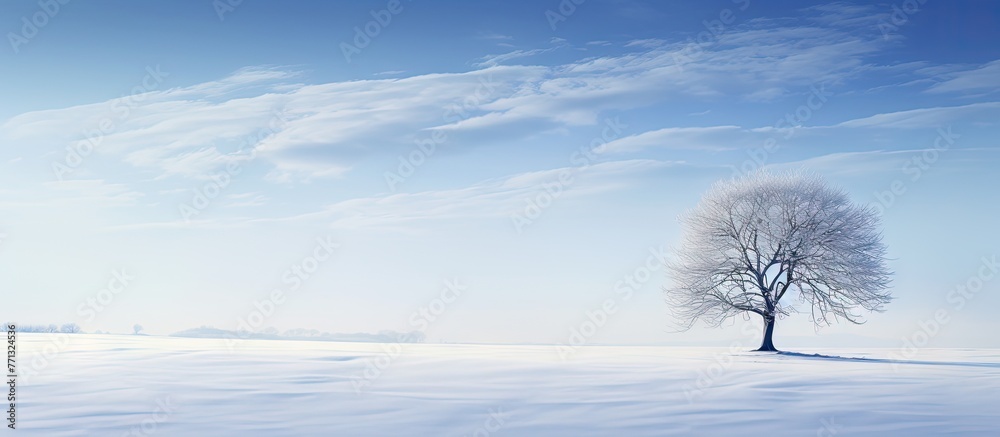 Poster a single tree standing alone in a field covered with snow, with a clear blue sky in the background