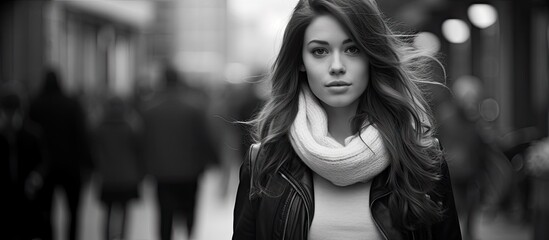 A young woman with a headscarf and flowing long hair walking gracefully along a city street in a monochrome urban setting