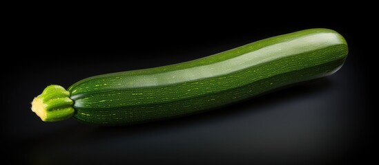 A vibrant green zucchini positioned on a dark black background, creating a striking visual contrast