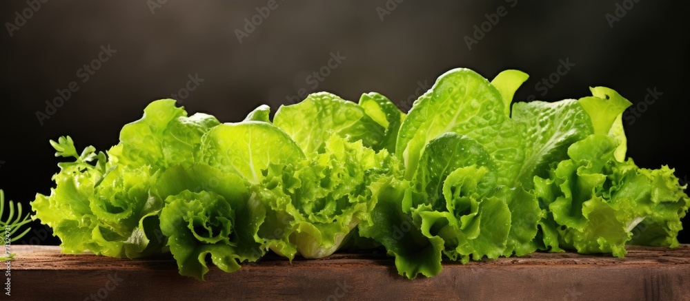 Aufkleber Fresh green lettuce leaves piled on a rustic wooden table surface, presenting a natural and healthy image for salad preparation
