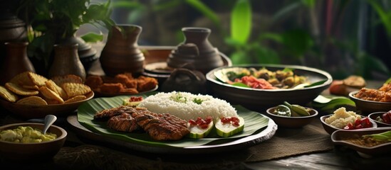 A variety of plates filled with delicious food items placed next to bowls of traditional Sundanese village specialties on a wooden table - obrazy, fototapety, plakaty