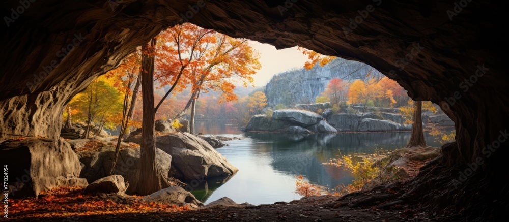 Poster a scenic view of a river surrounded by autumn trees as seen through the opening of a cave in the woo