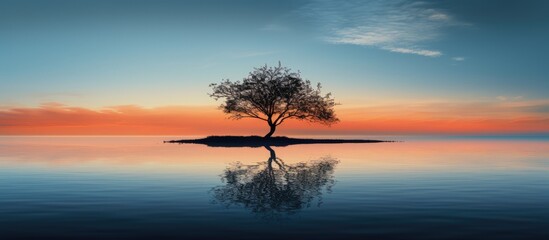 A solitary tree stands tall on a small island amidst the vast ocean with a tranquil reflection during the evening