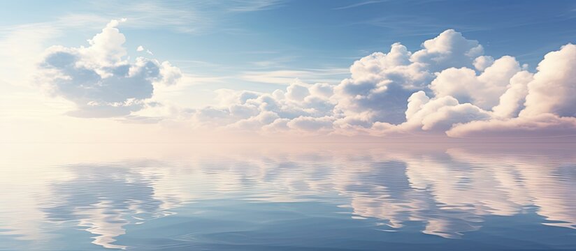 The tranquil ocean reflects the serene sea clouds in its shimmering surface, creating a peaceful and picturesque scene