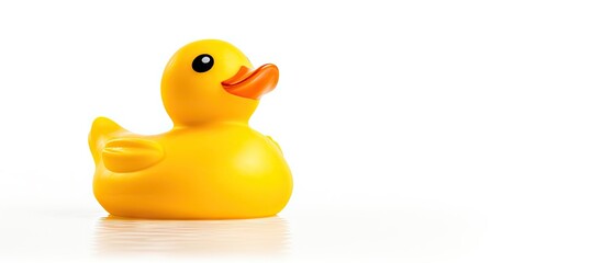 A bright yellow rubber duck toy is seen resting on a clean white surface