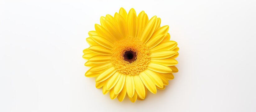 A vibrant yellow daisy flower is showcased against a plain white background, highlighting its natural beauty and delicate petals
