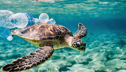 Obraz na płótnie Canvas Sea turtle swimming in ocean invaded by plastic bottles Pollution in oceans concept. Creative Banner. Copyspace image