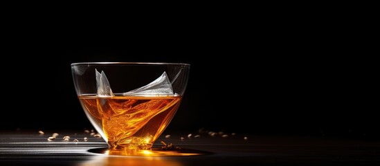 Glass filled with an alcoholic beverage, showing the liquid inside, placed on a table